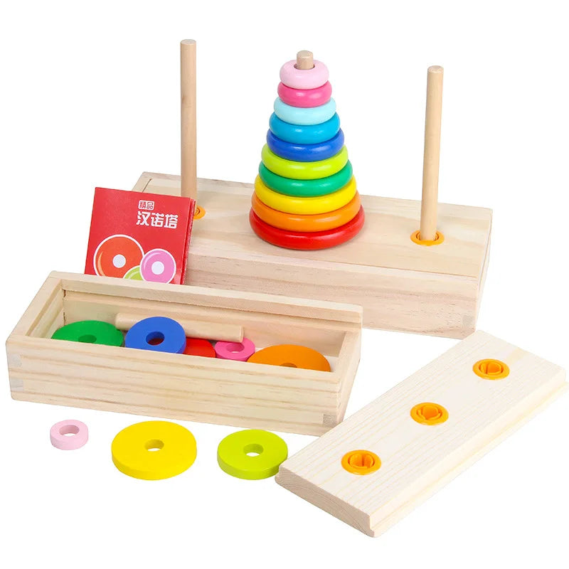 Wooden Towers of Hanoi Rainbow Blocks Toy with Storage Box for Kids 3 Years and Up