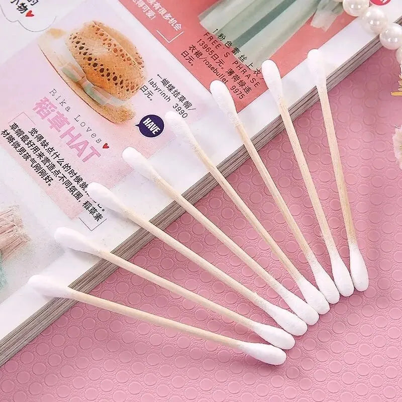 500 Count Cotton Swabs, Natural Double Round Strong Wooden Cotton Tip Sticks Buds for Ears, Cruelty-Free Ear Swabs
