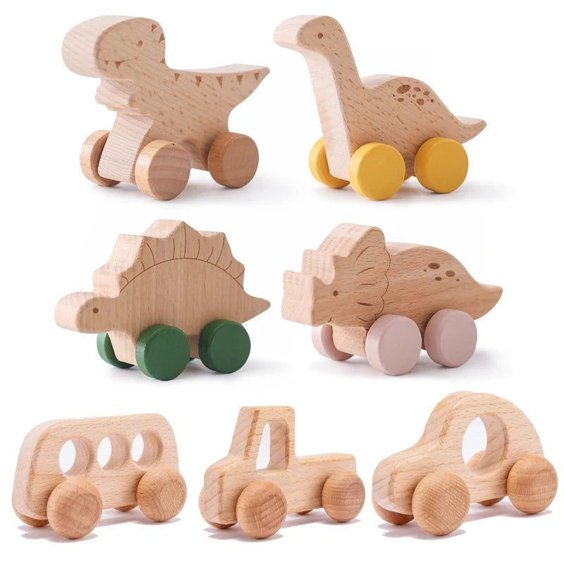 Wooden Dinosaur Cars Montessori Toys for Babies Baby Push Car Toys Wooden Toy Vehicles Development and Infant Grasping Montessori Toys