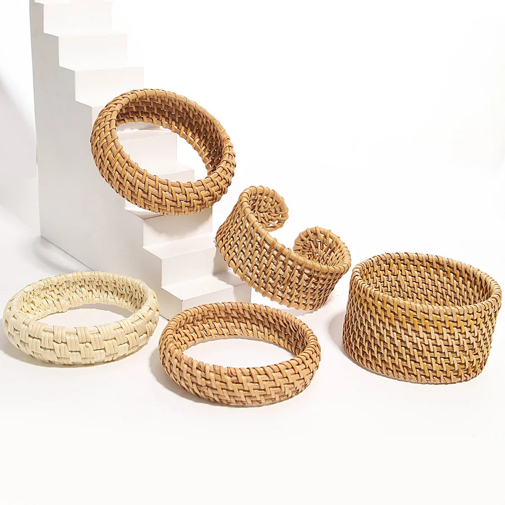 Handwoven Wooden Braided Rattan Knit Cuff Bracelet Natural Bamboo Square Round Geometric Chunky Wrap Bangle for Women Ethnic Tribal Wrist Jewelry