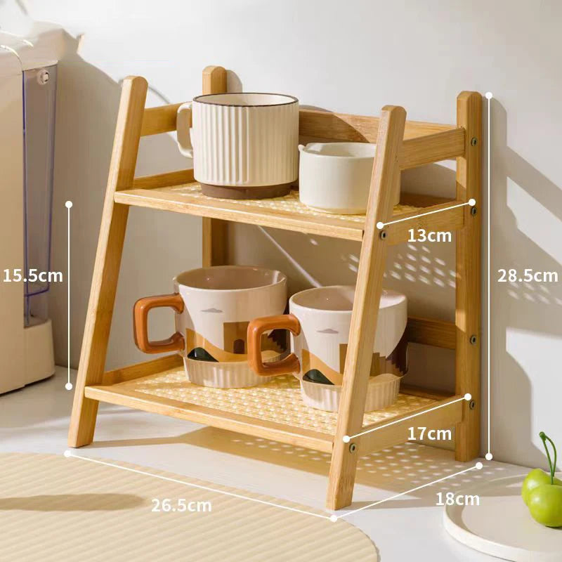 Household 2-Tier Cup Shelf Organizer, Kitchen Counter Shelf for Tea Coffee Bar Accessories, Bamboo Mug Holder Countertop, Matcha Stand, Cup Display, Condiment Storage Rack - Natural