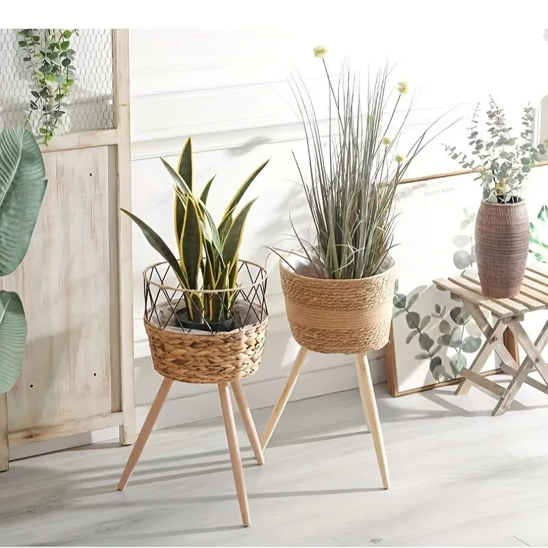 Floor Planter Stand Floor Plant Stand Garden Decoration Rack Indoor Rattan Basket Wicker Round Riser Stand Indoor Plants Hamper Wood Planter Basket Plant Basket Wooden