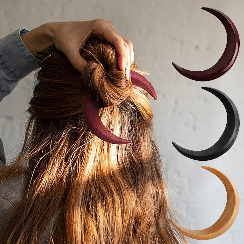 Moon Hair Fork Hairpin for Women 5.12'' Moon Stick Hand Carved Clip Thin Hair Accessories Wooden Barrettes Lightweight Styling Tool