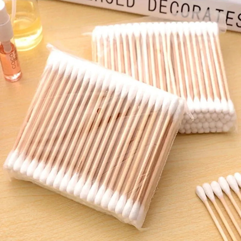 500 Count Cotton Swabs, Natural Double Round Strong Wooden Cotton Tip Sticks Buds for Ears, Cruelty-Free Ear Swabs