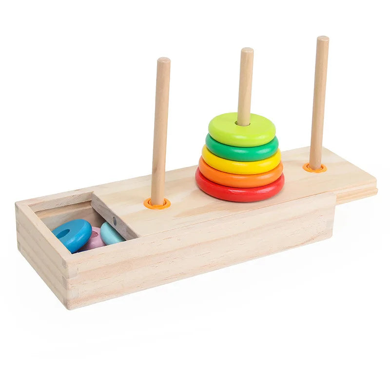 Wooden Towers of Hanoi Rainbow Blocks Toy with Storage Box for Kids 3 Years and Up