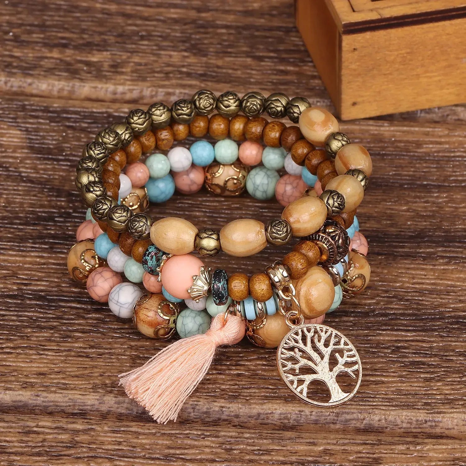 Tree of Life Bracelets for Women Bohemian Stretch Wood Beaded Bracelets for Women Boho Tassel Bracelet Multilayer Stackable Bracelets Christmas Birthday Jewelry for women.