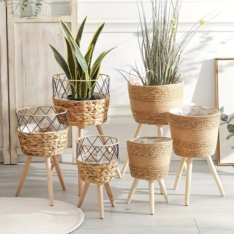 Floor Planter Stand Floor Plant Stand Garden Decoration Rack Indoor Rattan Basket Wicker Round Riser Stand Indoor Plants Hamper Wood Planter Basket Plant Basket Wooden