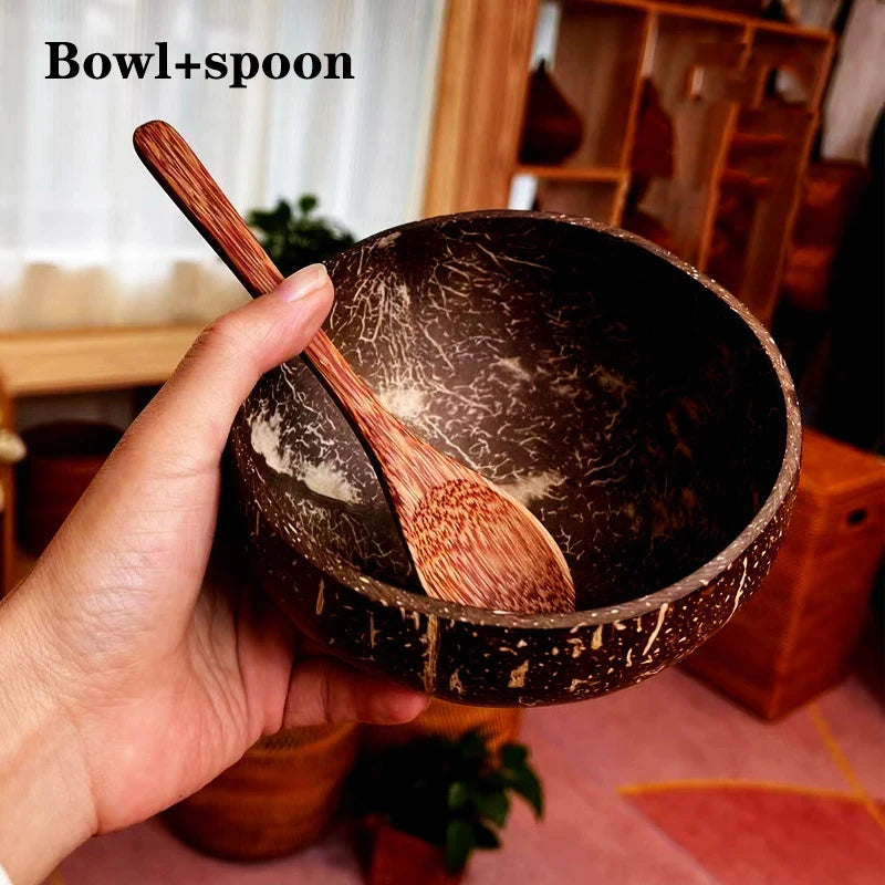set of 1 Polished Coconut Bowls and Wooden Spoon Sets Natural Coconut Salad Smoothie Bowls for Kitchen Women Gifts Decoration Kids Birthday