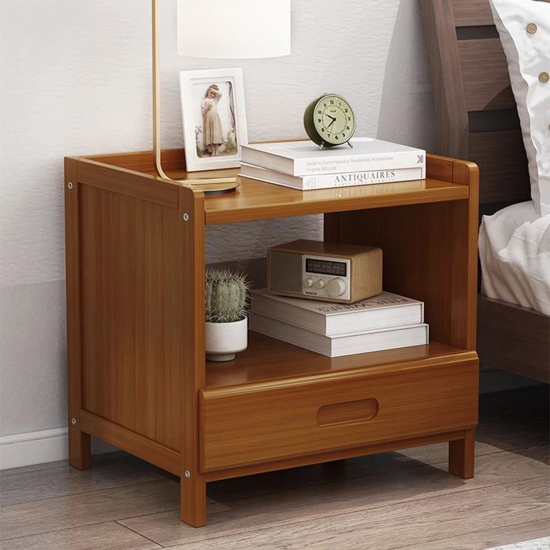 Rattan Nightstand, Boho Side Table with Drawer Open Shelf, Cane Accent Bedside End Table with Solid Wood Legs for Bedroom, Dorm and Small Spaces