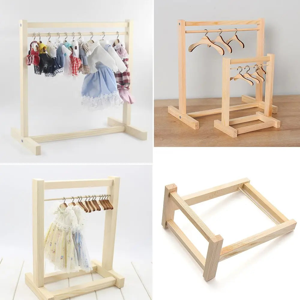 Doll Garment Rack with Wooden Clothes Hanger for 18 Inch Girl Doll Clothes Mini Hangers Wardrobe Furniture Accessories for Dollhouse Baby Shower Supplies (Wood)