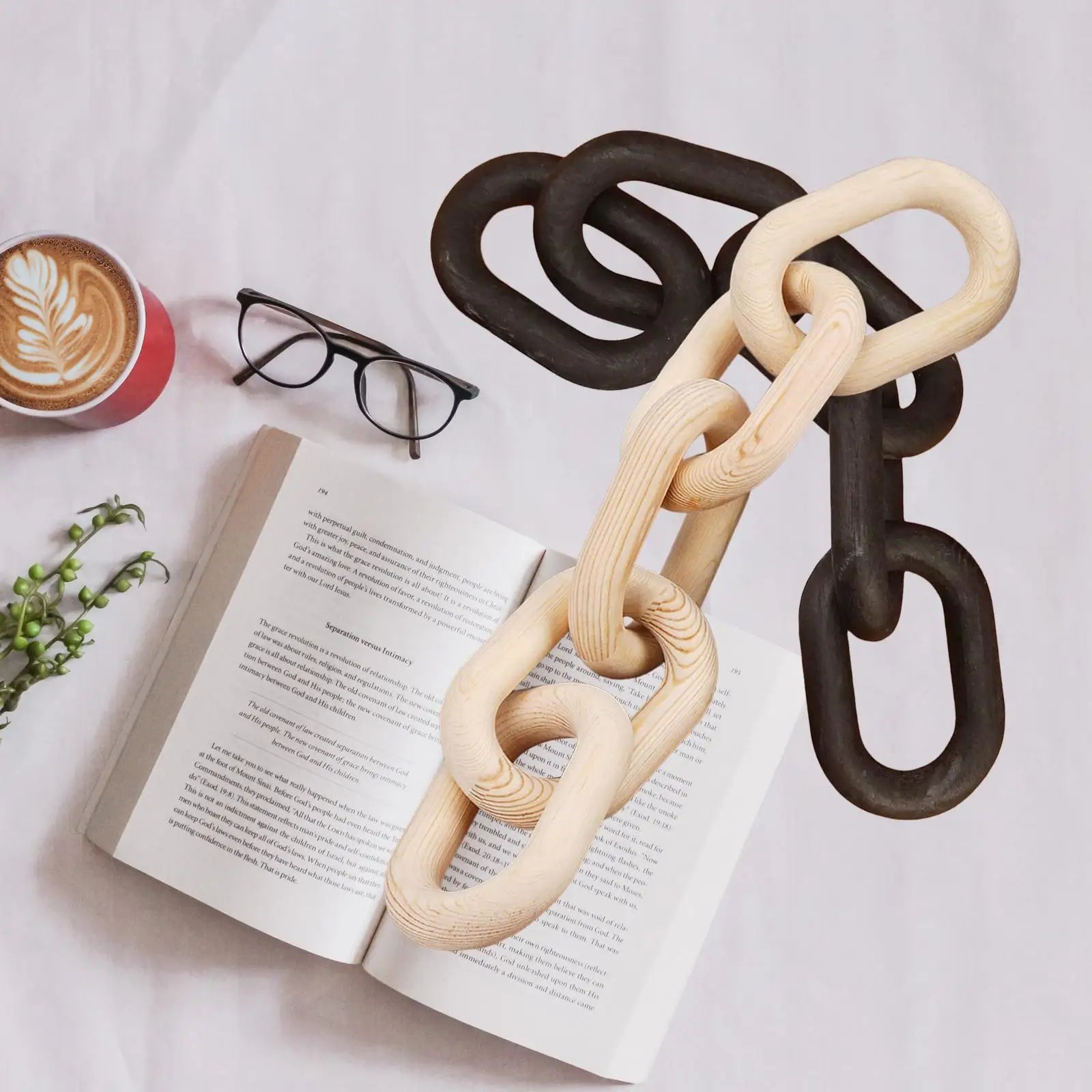 Wood Chain Link Decor- Brown with Subtle Red Undertone Decorative Chain Links for Coffee Table, Book Shelves, & Racks - Modern Rustic Home Decor Gift Ideas for Housewarming & Wedding