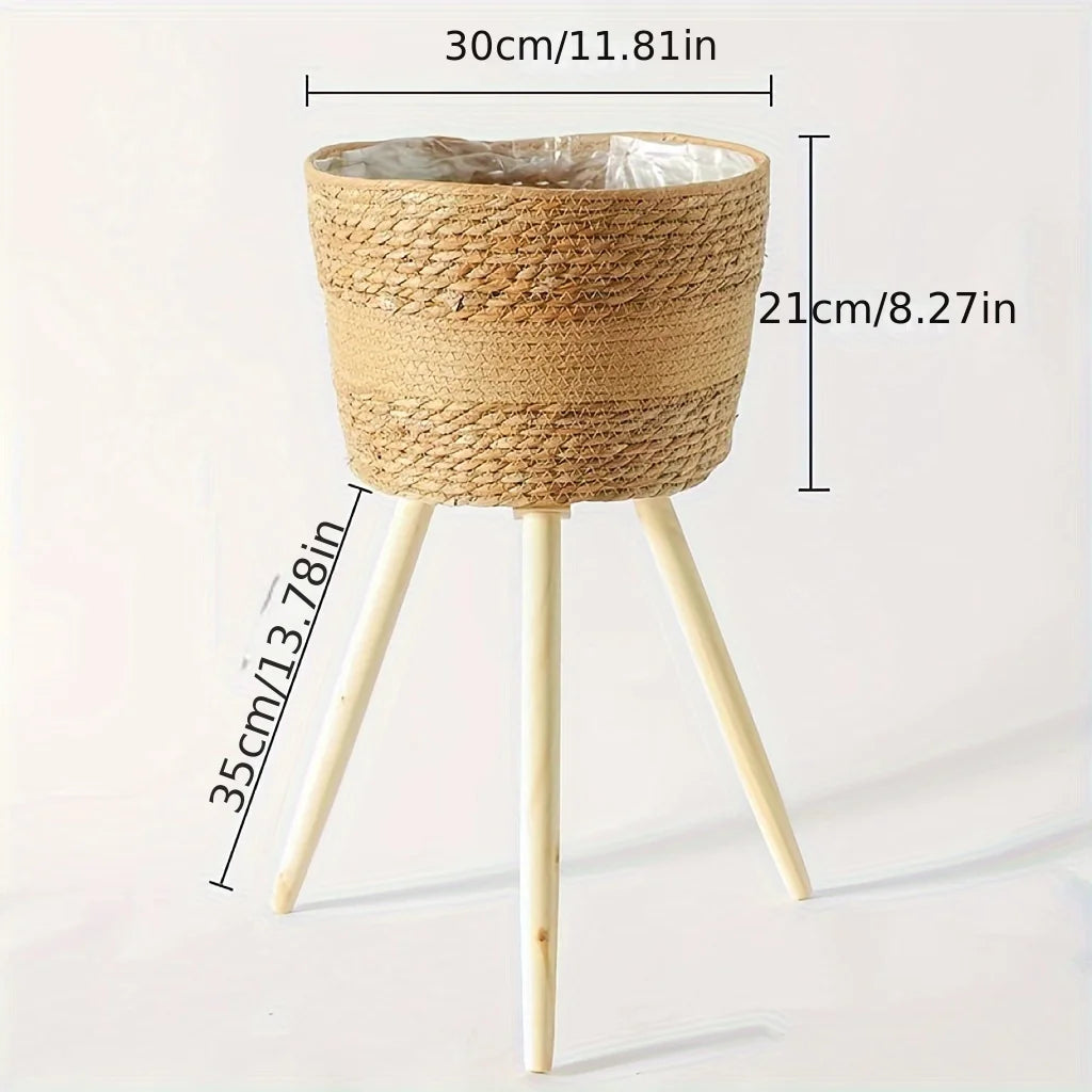 Floor Planter Stand Floor Plant Stand Garden Decoration Rack Indoor Rattan Basket Wicker Round Riser Stand Indoor Plants Hamper Wood Planter Basket Plant Basket Wooden