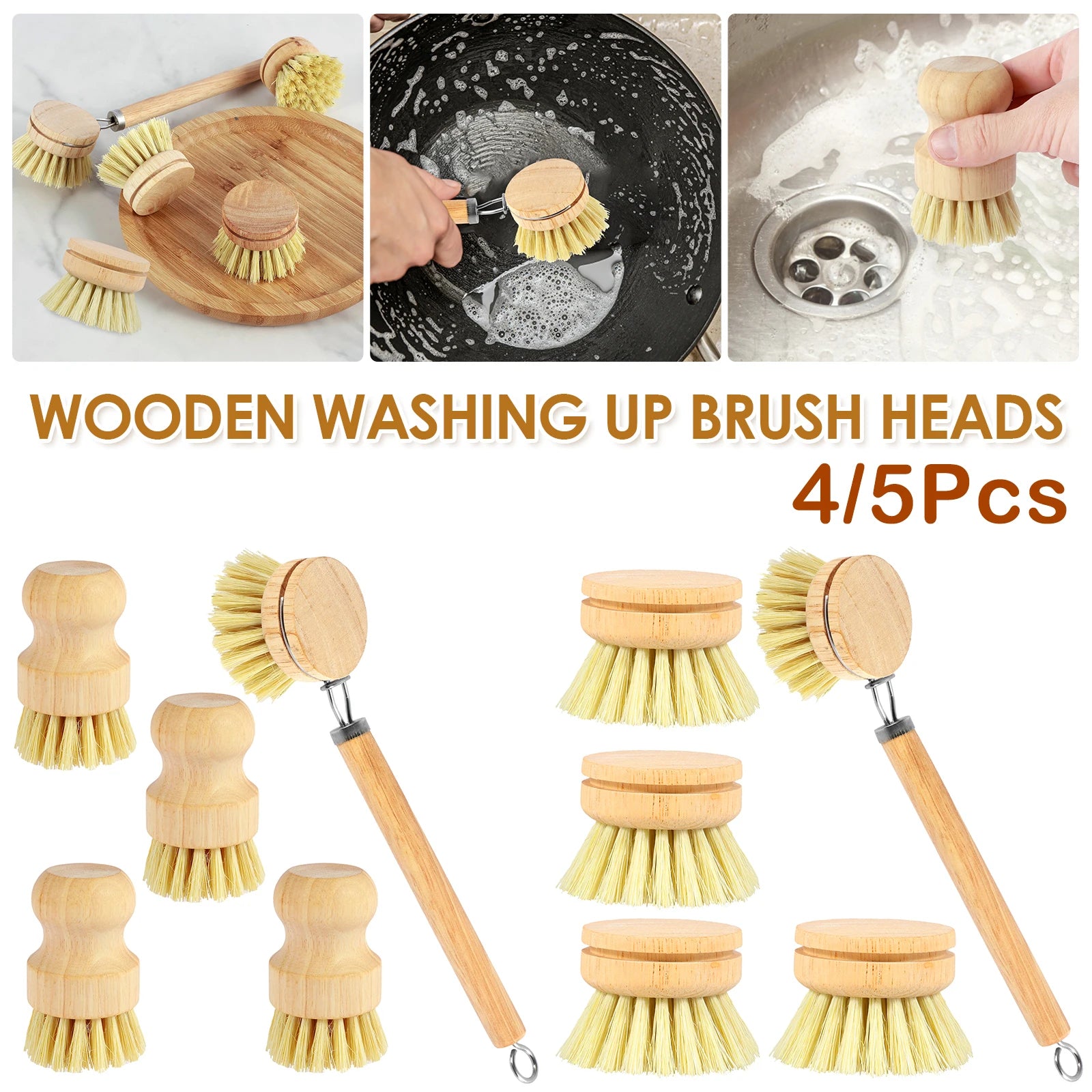 4/5 Piece Bamboo Dish Brush Set with Coconut Sponge - Wooden Dish Brush with Sisal and Palm Fiber, Natural Bamboo Dish Scrub Brush for Kitchen Cleaning Dishes, Pots, Pans, Bottles, Vegetables