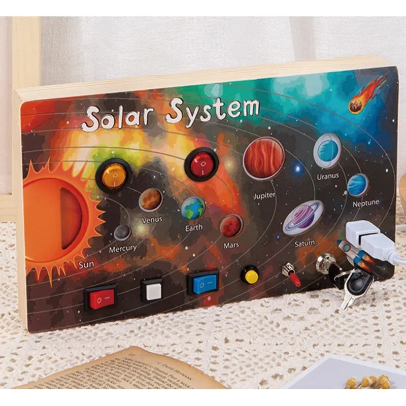 Busy Board Montessori Toys for Toddler, Wooden Sensory Board Switch Toy with Shape Sorter LED Light Up Toys Educational Plane Travel Activity for Girls & Boys