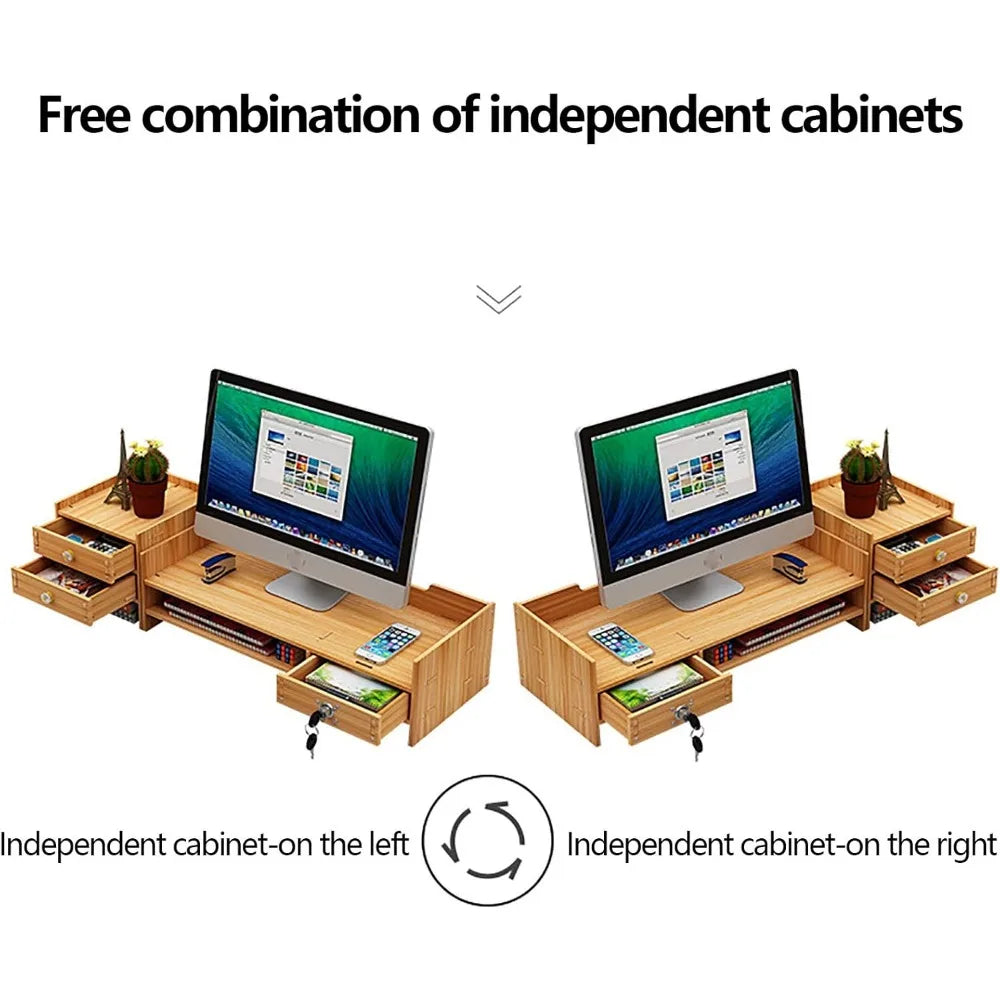 Tabletop Monitor Stand w/3 Drawers Two top Platforms Desk Organizer with Storage Desktop Computer Stand for PC Laptop