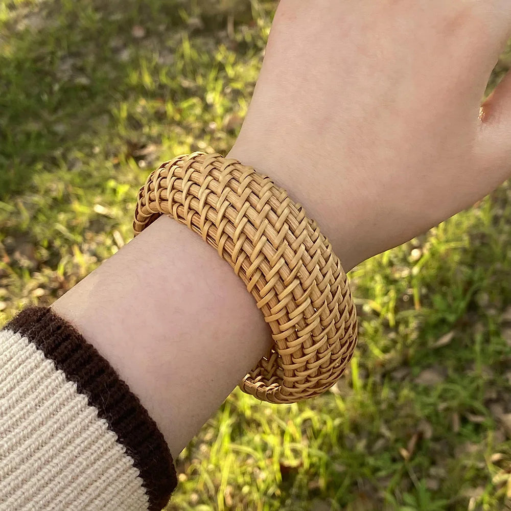 Handwoven Wooden Braided Rattan Knit Cuff Bracelet Natural Bamboo Square Round Geometric Chunky Wrap Bangle for Women Ethnic Tribal Wrist Jewelry