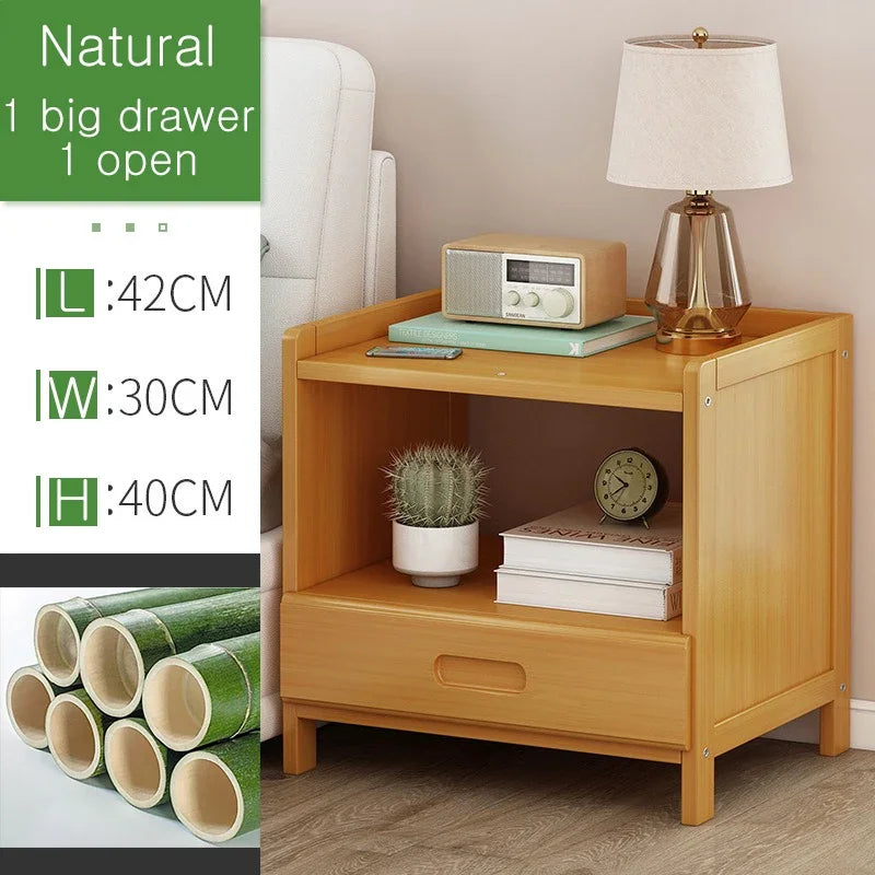 Rattan Nightstand, Boho Side Table with Drawer Open Shelf, Cane Accent Bedside End Table with Solid Wood Legs for Bedroom, Dorm and Small Spaces