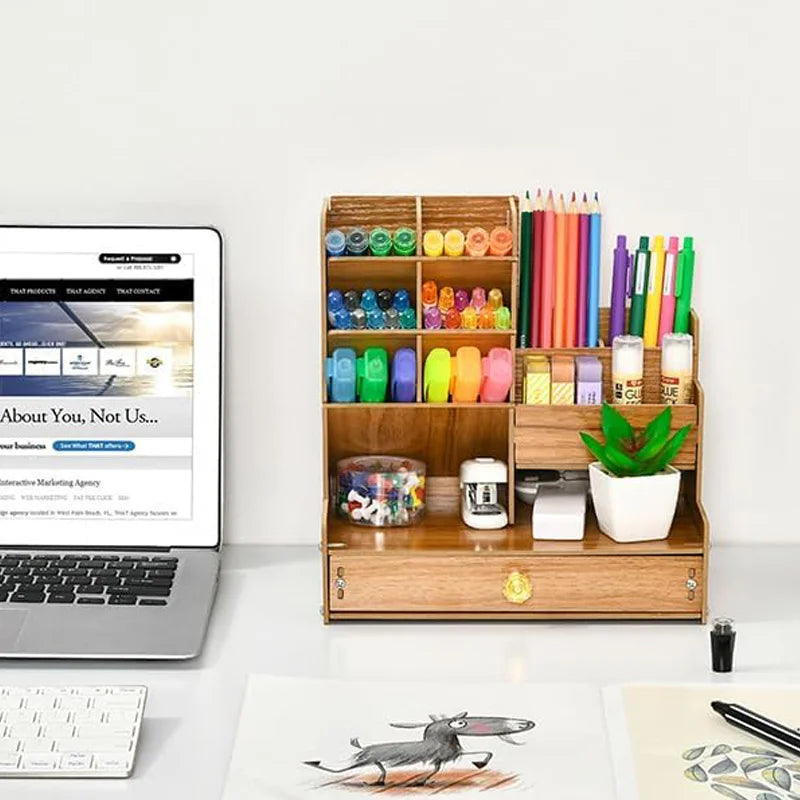 Bamboo Desk Organizer - Makeup & Pen Storage with Drawer & Pencil Holder for Office Organization
