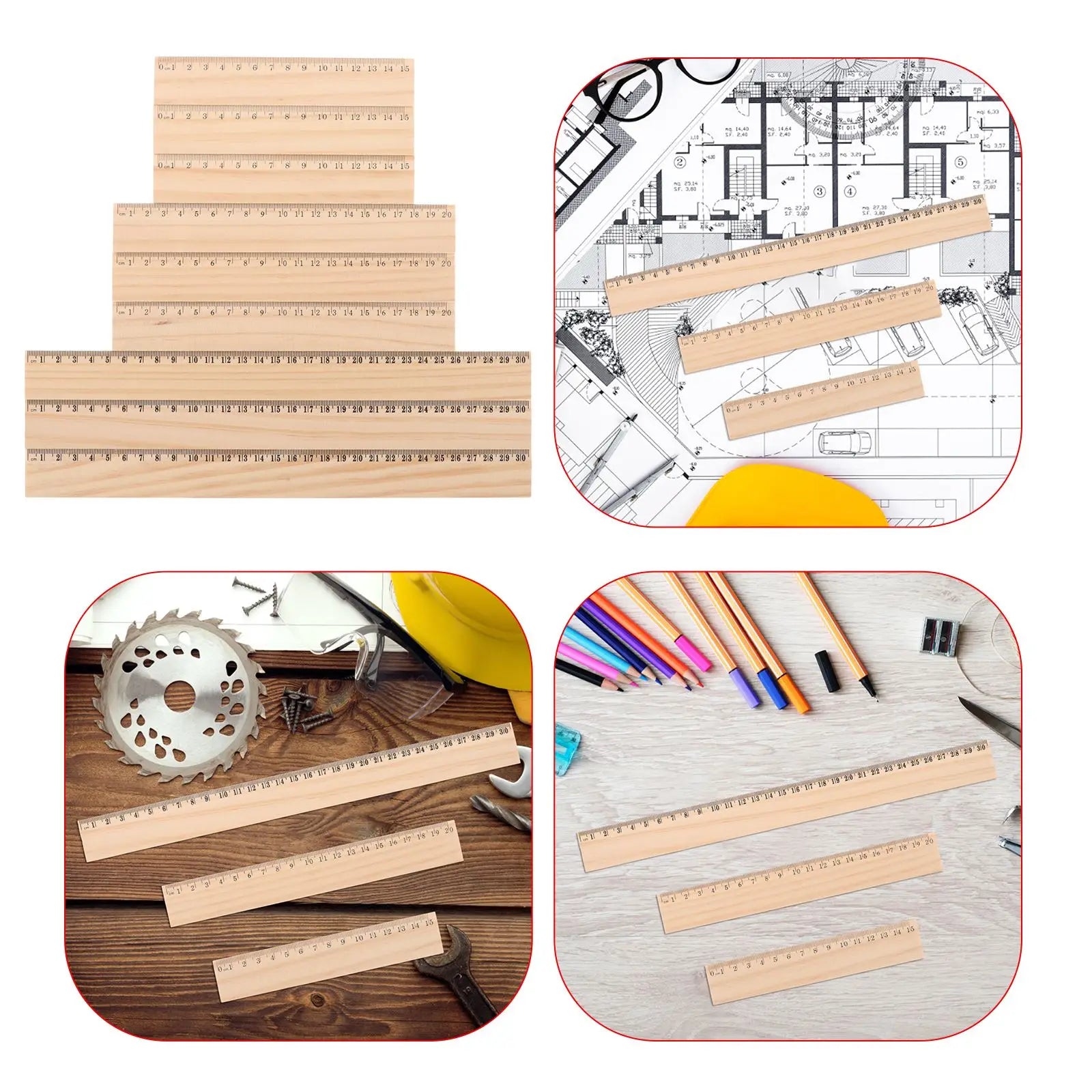 9Pcs Wooden Ruler Measuring Drafting Tools with Centimeters & Inches for School Classroom, Home and Office