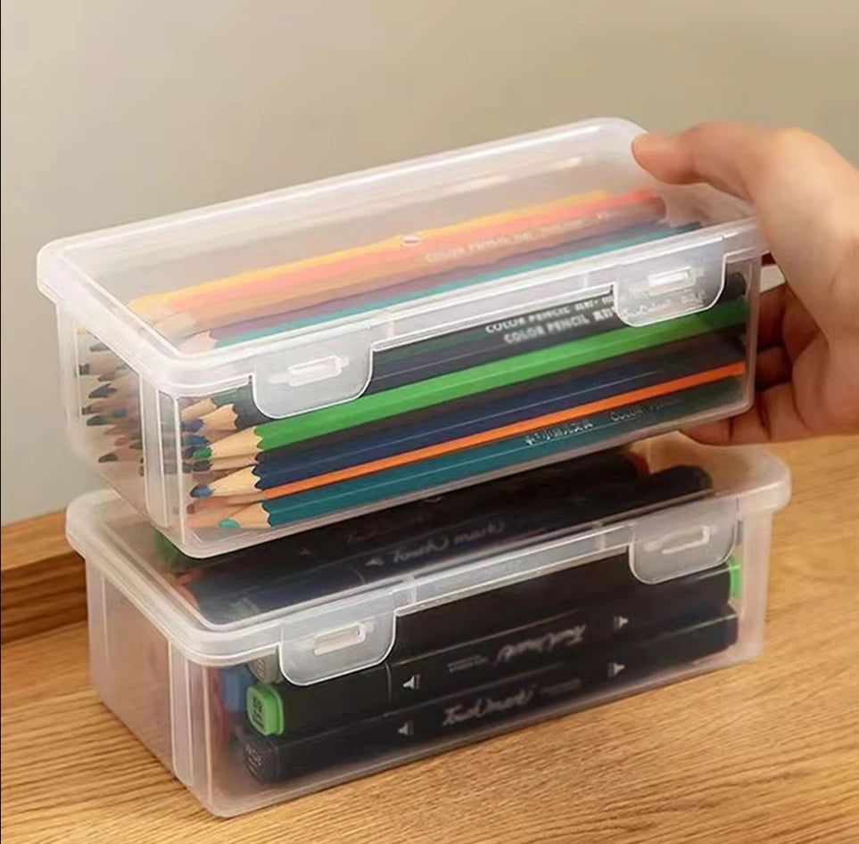 1 Pack Pencil Case, Clear Pencil Box with Stickers, Large Plastic Crayon Box with Snap-tight Lid, Stackable Storage Box Art Craft Marker Organizer Box for Kids Boys Back to School, Clear