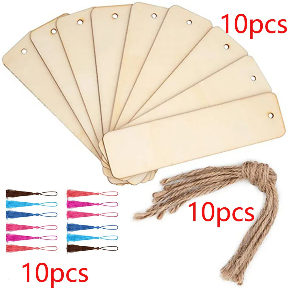 10/20/40/60 Pieces Wood Bookmark Blank Bulk Unfinished Bookmarks with Tassels DIY Craft Wooden Hanging Tag Ornaments with Holes for Back to School Classroom Christmas Gift