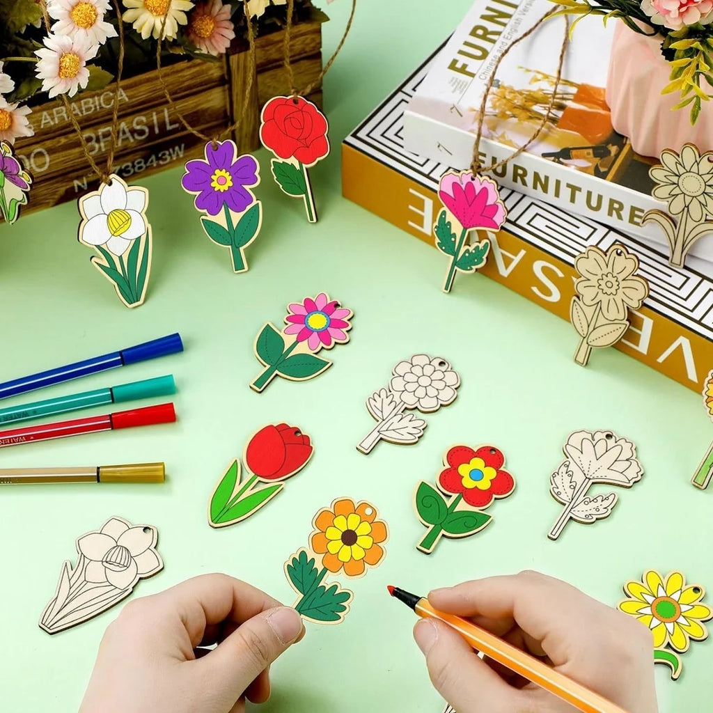 12pcs Unfinished Wood Spring Flowers Cut Outs, Kids' Handmade Cutouts Flowers Craft Blank Wooden Art Crafts Flowers Decoration Flower Handicraft for Kids Home School Party Ornaments