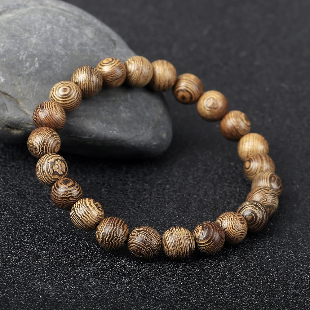 Handmade Unisex 12 Beads Natural Bubinga Wood Prayer Beads Link Wrist Meditation Star Ring Circumstellar Decompression Bracelet Rosary Mala Necklace Chain for Men Women