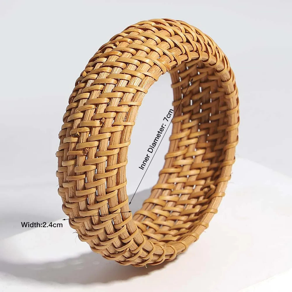Handwoven Wooden Braided Rattan Knit Cuff Bracelet Natural Bamboo Square Round Geometric Chunky Wrap Bangle for Women Ethnic Tribal Wrist Jewelry