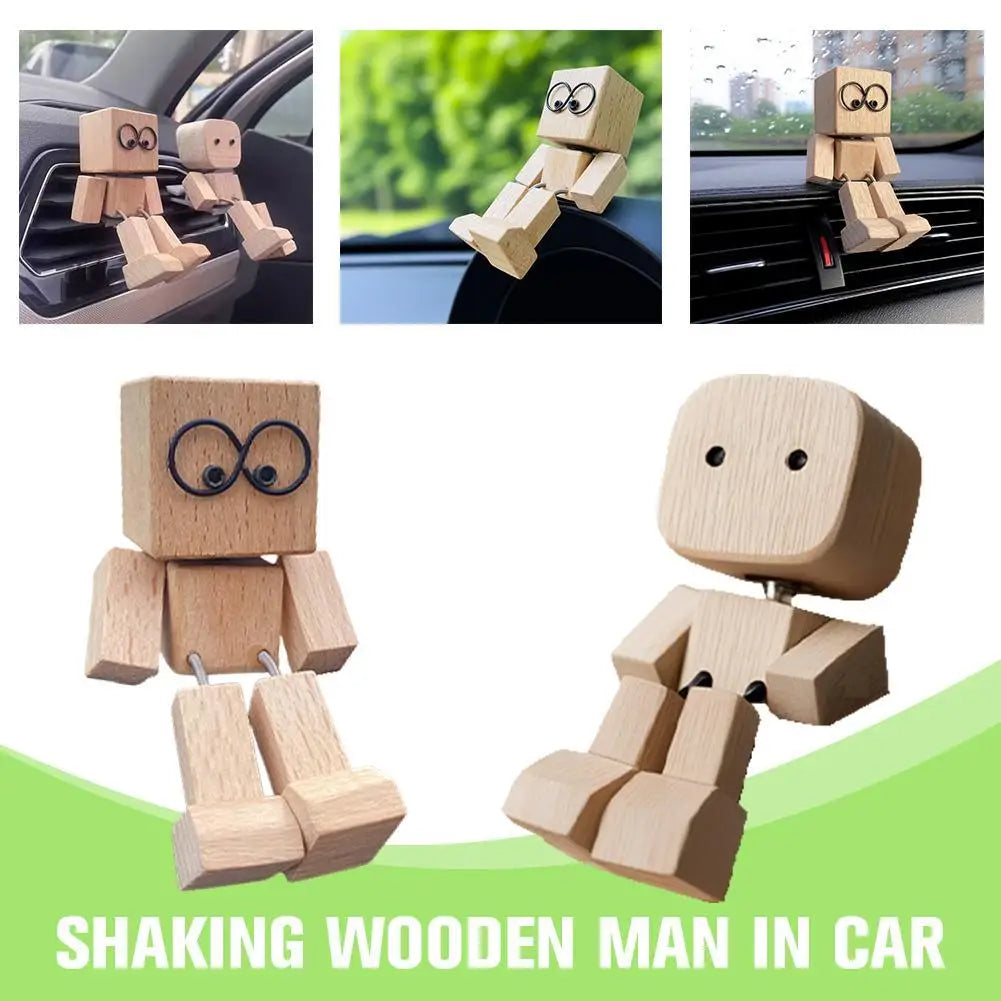 Shaking Wooden Man Figurine, Handmade Shaking Feet Wooden Doll, Car Ornaments,Funny Wood Desktop Decor, Creative Gifts Commutes with Multiple Magnetic Decorations, Car Dashboard Decorations