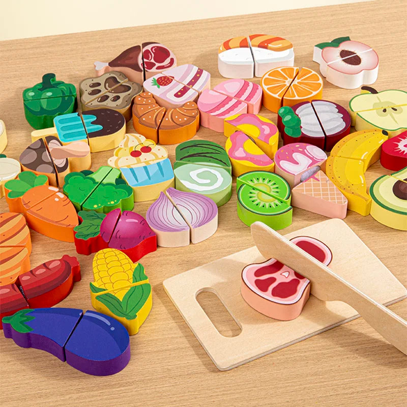 Wooden Play Food for Kids Kitchen Cutting Fruits Toys for Toddlers Pretend Vegetables Gift for Boys Girls Educational Toys