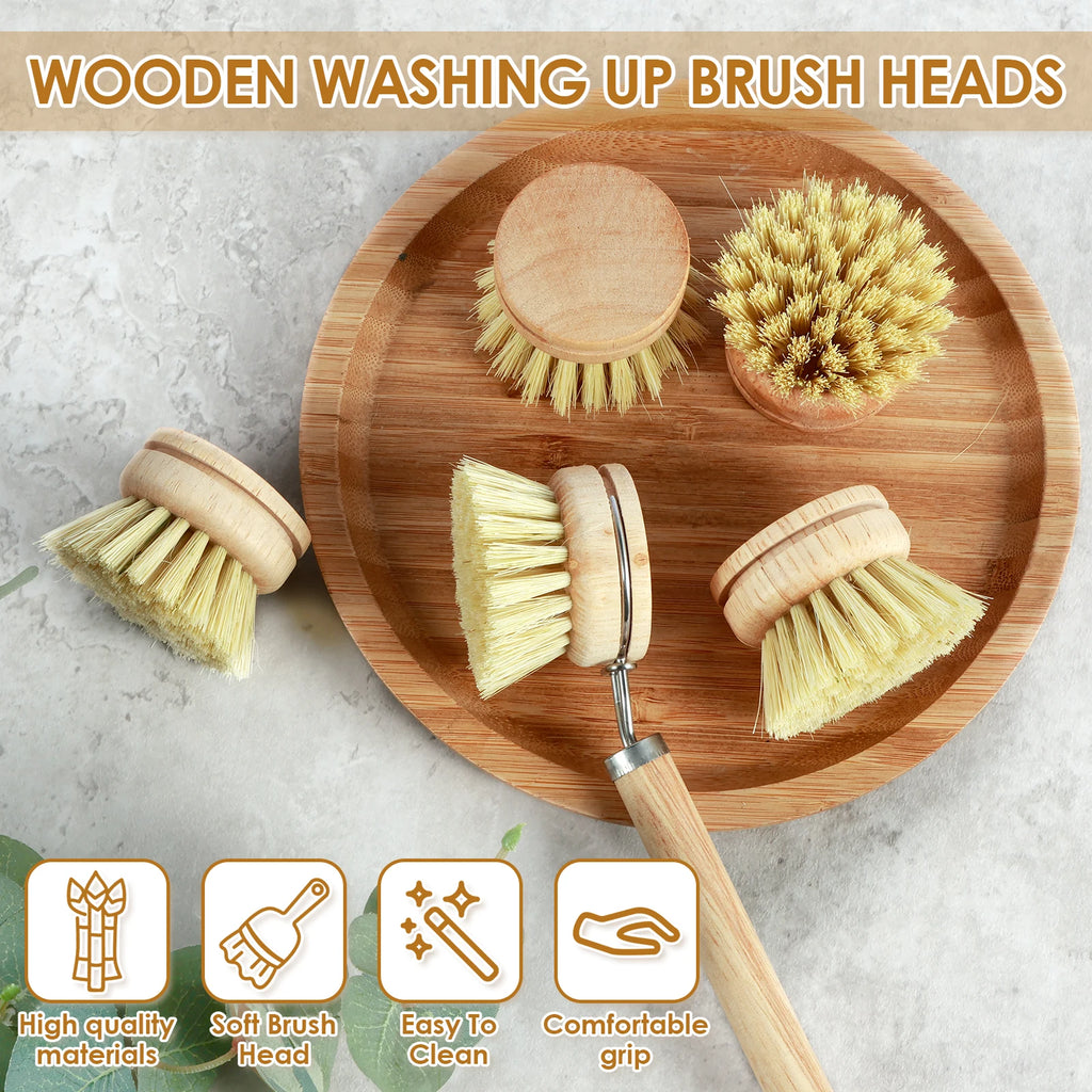 4/5 Piece Bamboo Dish Brush Set with Coconut Sponge - Wooden Dish Brush with Sisal and Palm Fiber, Natural Bamboo Dish Scrub Brush for Kitchen Cleaning Dishes, Pots, Pans, Bottles, Vegetables