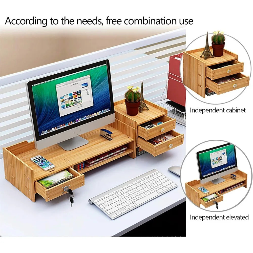 Tabletop Monitor Stand w/3 Drawers Two top Platforms Desk Organizer with Storage Desktop Computer Stand for PC Laptop