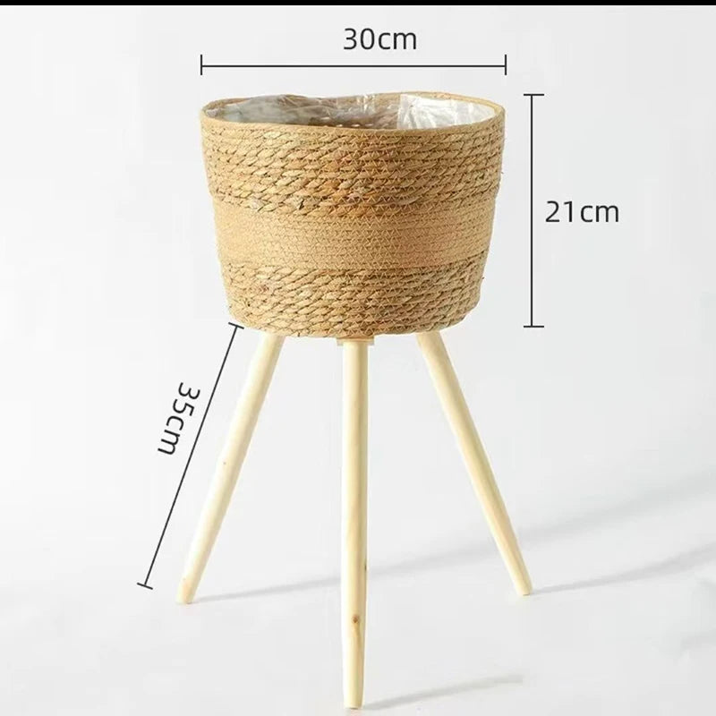 Floor Planter Stand Floor Plant Stand Garden Decoration Rack Indoor Rattan Basket Wicker Round Riser Stand Indoor Plants Hamper Wood Planter Basket Plant Basket Wooden