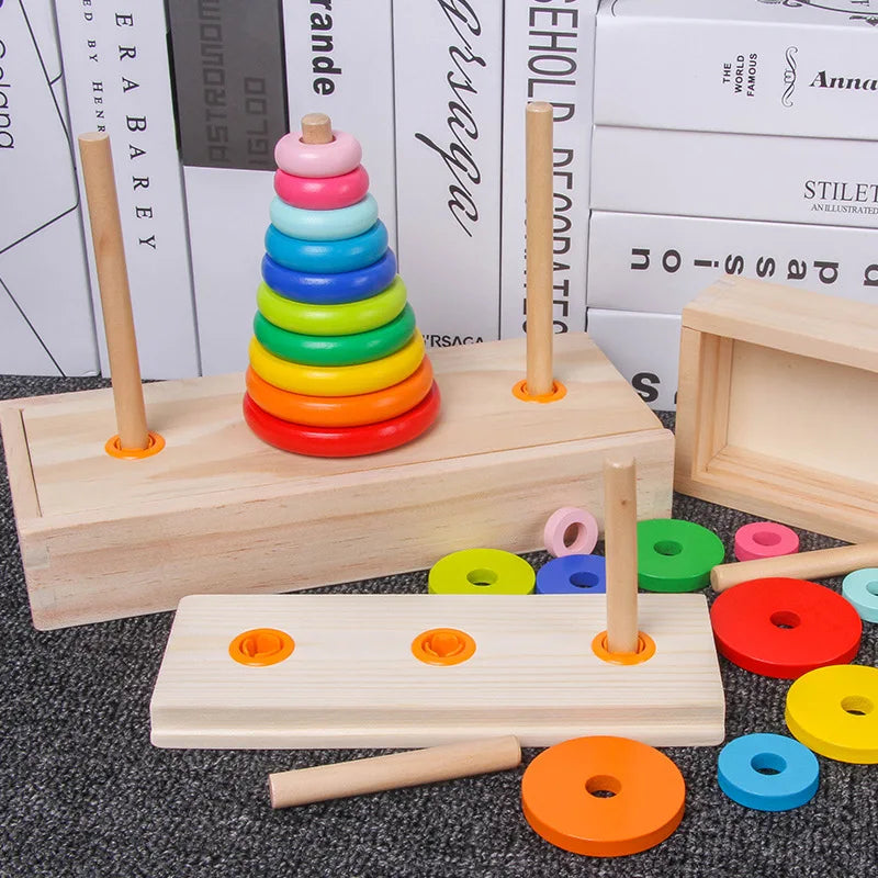 Wooden Towers of Hanoi Rainbow Blocks Toy with Storage Box for Kids 3 Years and Up