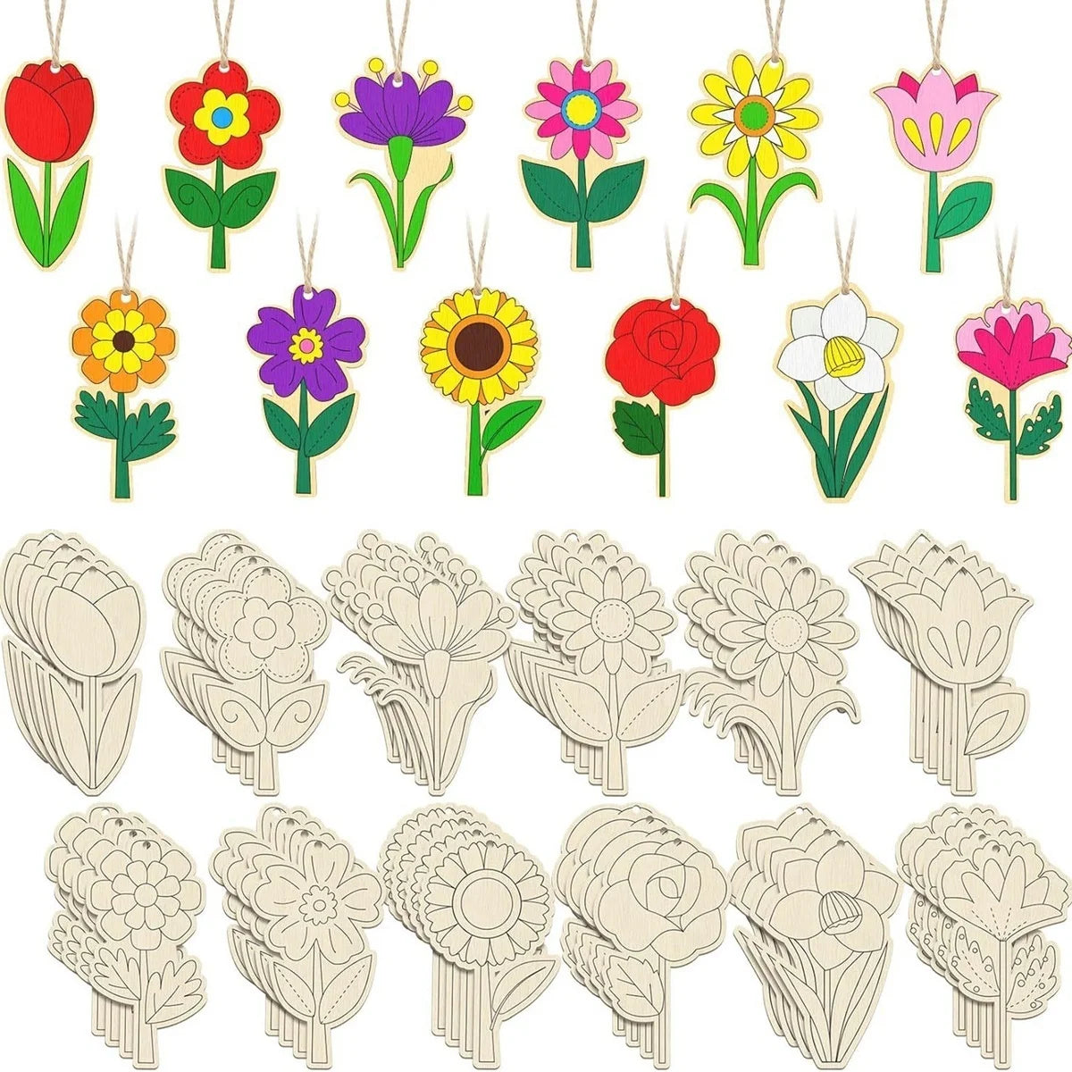 12pcs Unfinished Wood Spring Flowers Cut Outs, Kids' Handmade Cutouts Flowers Craft Blank Wooden Art Crafts Flowers Decoration Flower Handicraft for Kids Home School Party Ornaments