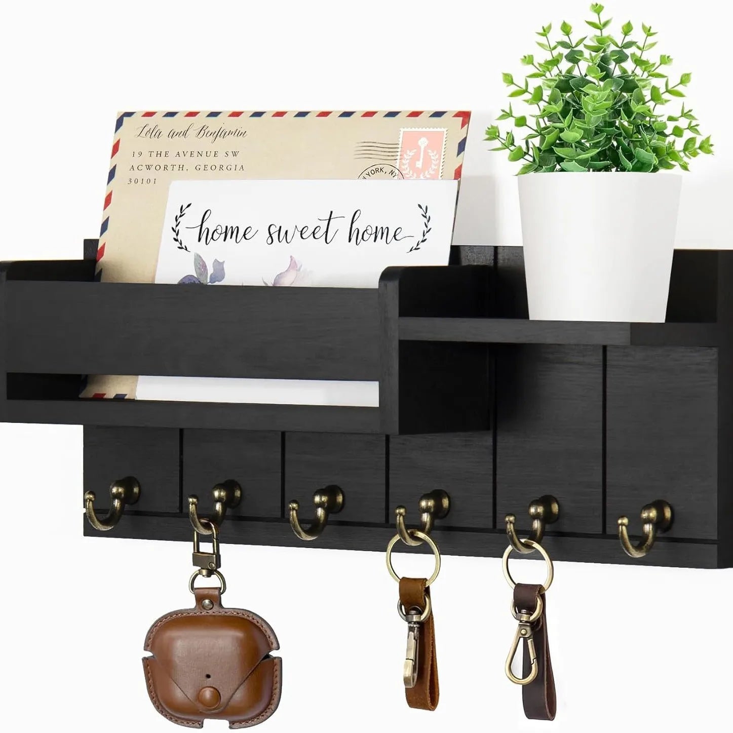 Key Holder Wall Mount - Decorative Key Rack and Mail Organizer with 6 Key Hooks - Wooden Key Hanger with Shelf for Living Room Decor - Rustic Farmhouse Home Entryway Aesthetic Essentials