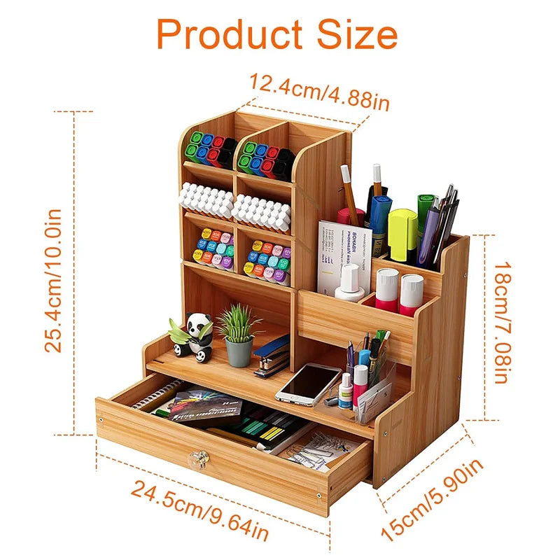 Bamboo Desk Organizer - Makeup & Pen Storage with Drawer & Pencil Holder for Office Organization