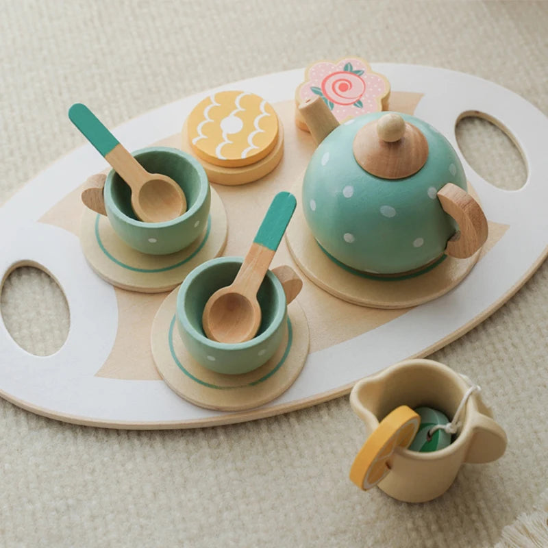 Wooden Tea Set for Little Girls Play Food Pretend Play Kitchen Accessories for 3 4 5 Years Old Girls and Boys Toddler Princess Tea Time Party Food Toys