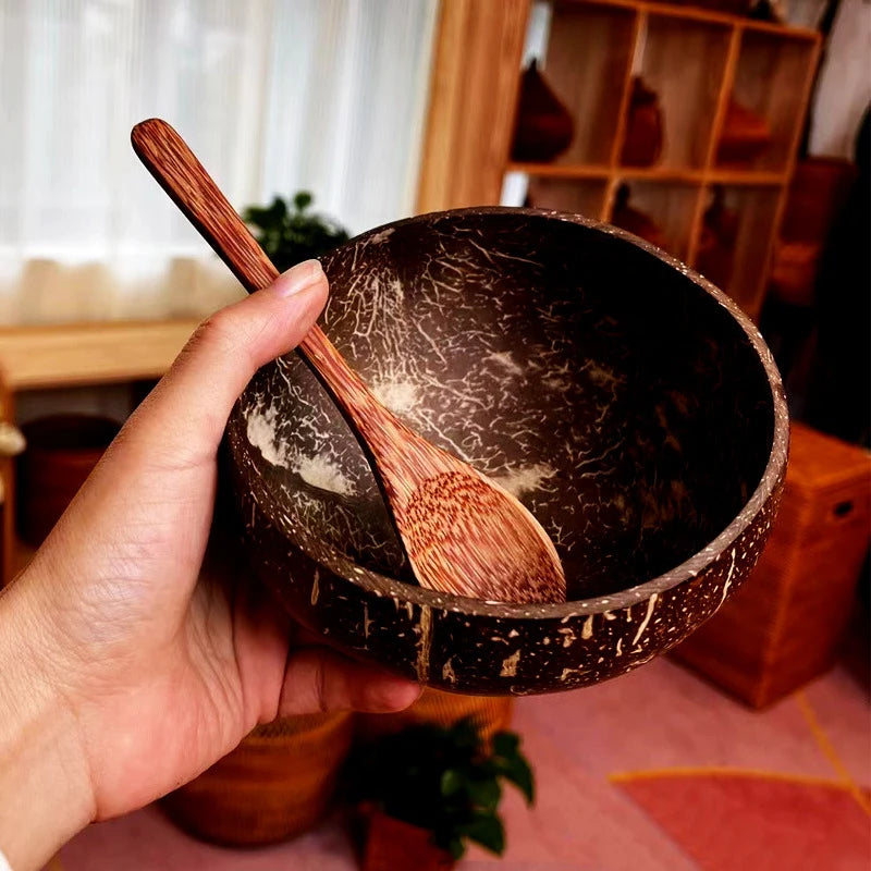 set of 1 Polished Coconut Bowls and Wooden Spoon Sets Natural Coconut Salad Smoothie Bowls for Kitchen Women Gifts Decoration Kids Birthday