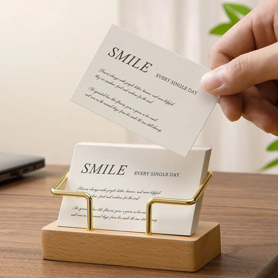 Wooden Business Card Holder, Business Card Holder for Desk with Golden Accents, Display Stand Postcard Holder for Office Home Desktop, Office Desk Accessories for Men and Women