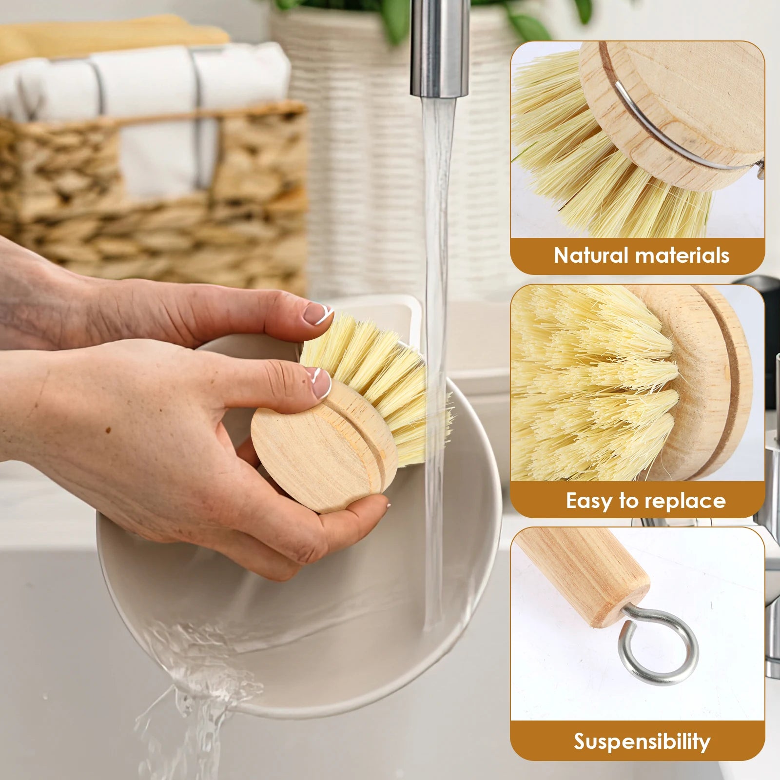 4/5 Piece Bamboo Dish Brush Set with Coconut Sponge - Wooden Dish Brush with Sisal and Palm Fiber, Natural Bamboo Dish Scrub Brush for Kitchen Cleaning Dishes, Pots, Pans, Bottles, Vegetables