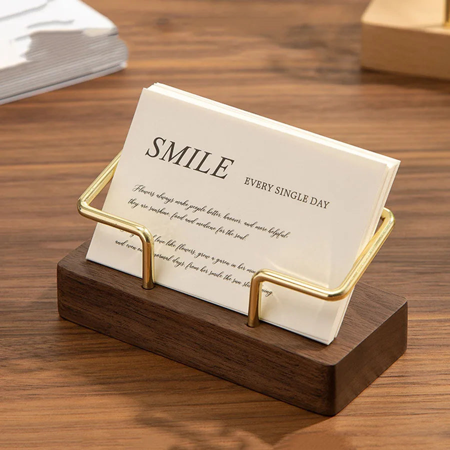 Wooden Business Card Holder, Business Card Holder for Desk with Golden Accents, Display Stand Postcard Holder for Office Home Desktop, Office Desk Accessories for Men and Women