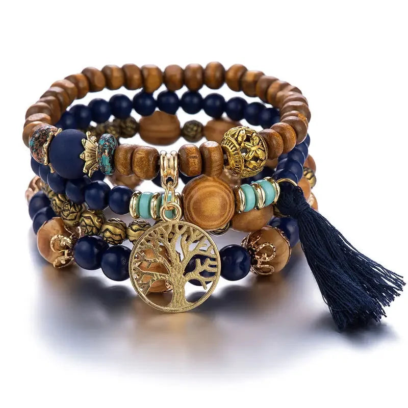 Tree of Life Bracelets for Women Bohemian Stretch Wood Beaded Bracelets for Women Boho Tassel Bracelet Multilayer Stackable Bracelets Christmas Birthday Jewelry for women.