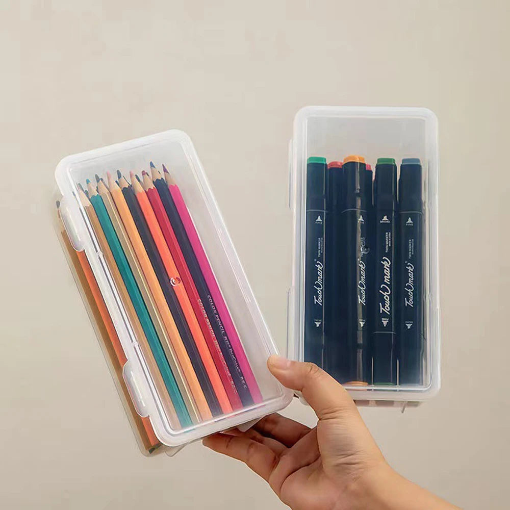 1 Pack Pencil Case, Clear Pencil Box with Stickers, Large Plastic Crayon Box with Snap-tight Lid, Stackable Storage Box Art Craft Marker Organizer Box for Kids Boys Back to School, Clear