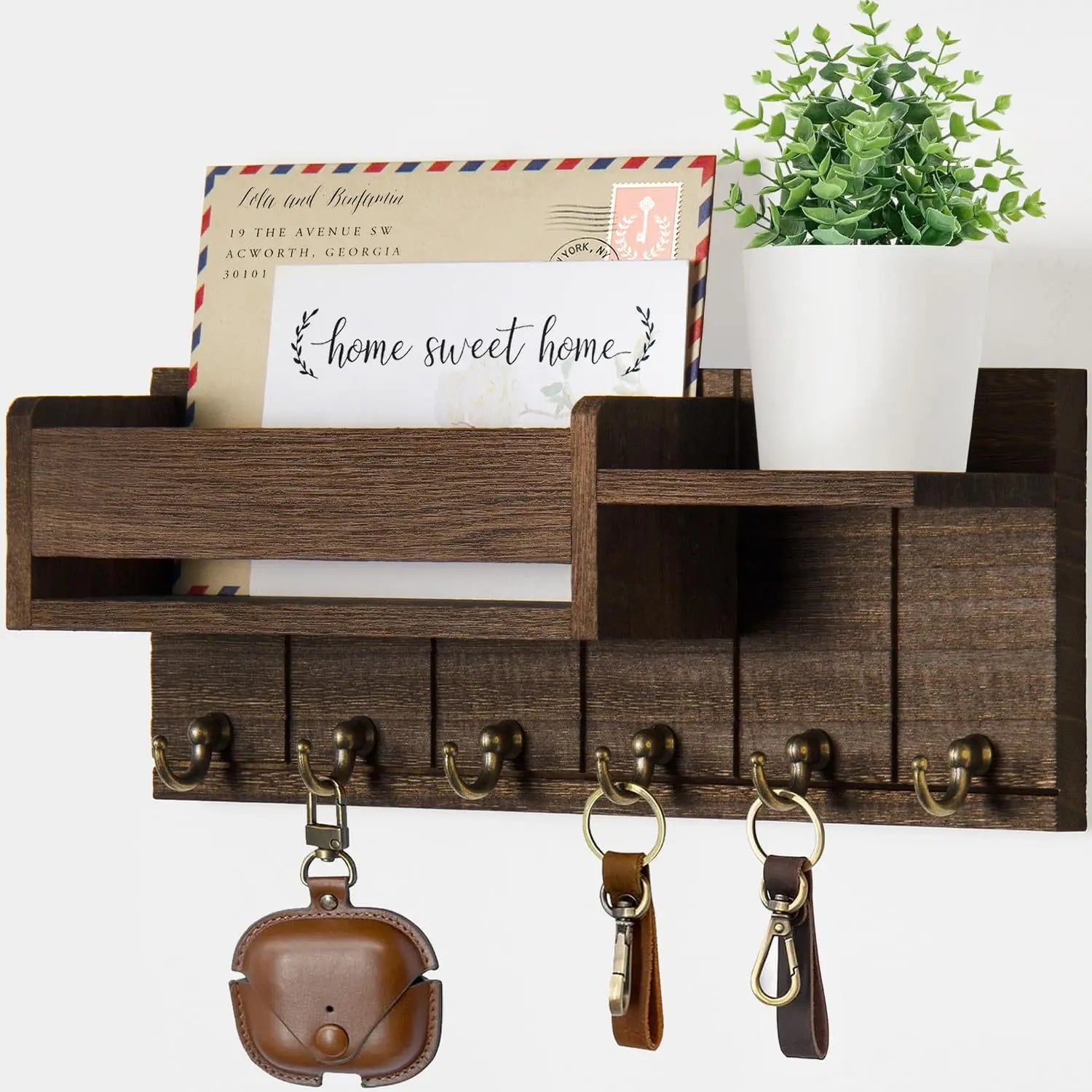 Key Holder Wall Mount - Decorative Key Rack and Mail Organizer with 6 Key Hooks - Wooden Key Hanger with Shelf for Living Room Decor - Rustic Farmhouse Home Entryway Aesthetic Essentials