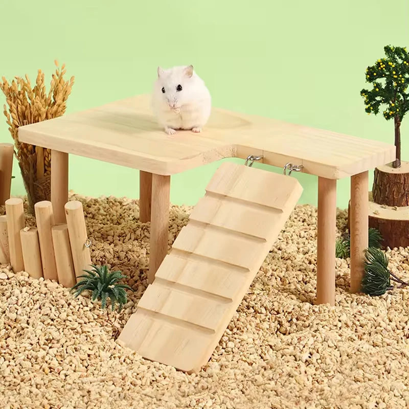 Hamster Wooden Platform with Legs Small Animal Climbing Ladder Standing Rat Guinea Perch Chew Toy Cage Accessories