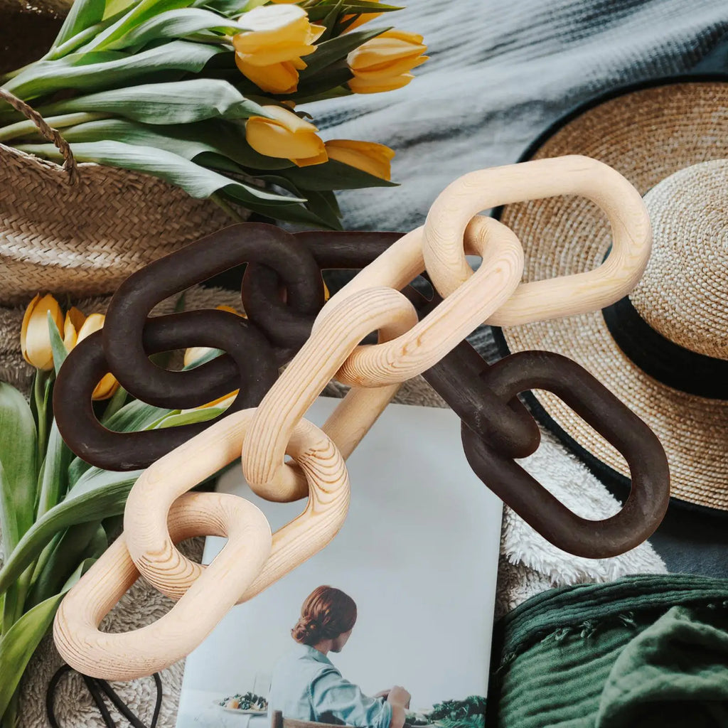 Wood Chain Link Decor- Brown with Subtle Red Undertone Decorative Chain Links for Coffee Table, Book Shelves, & Racks - Modern Rustic Home Decor Gift Ideas for Housewarming & Wedding
