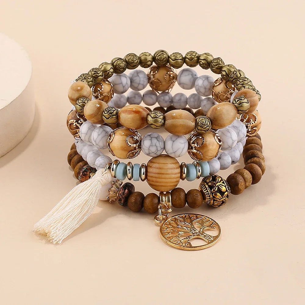 Tree of Life Bracelets for Women Bohemian Stretch Wood Beaded Bracelets for Women Boho Tassel Bracelet Multilayer Stackable Bracelets Christmas Birthday Jewelry for women.