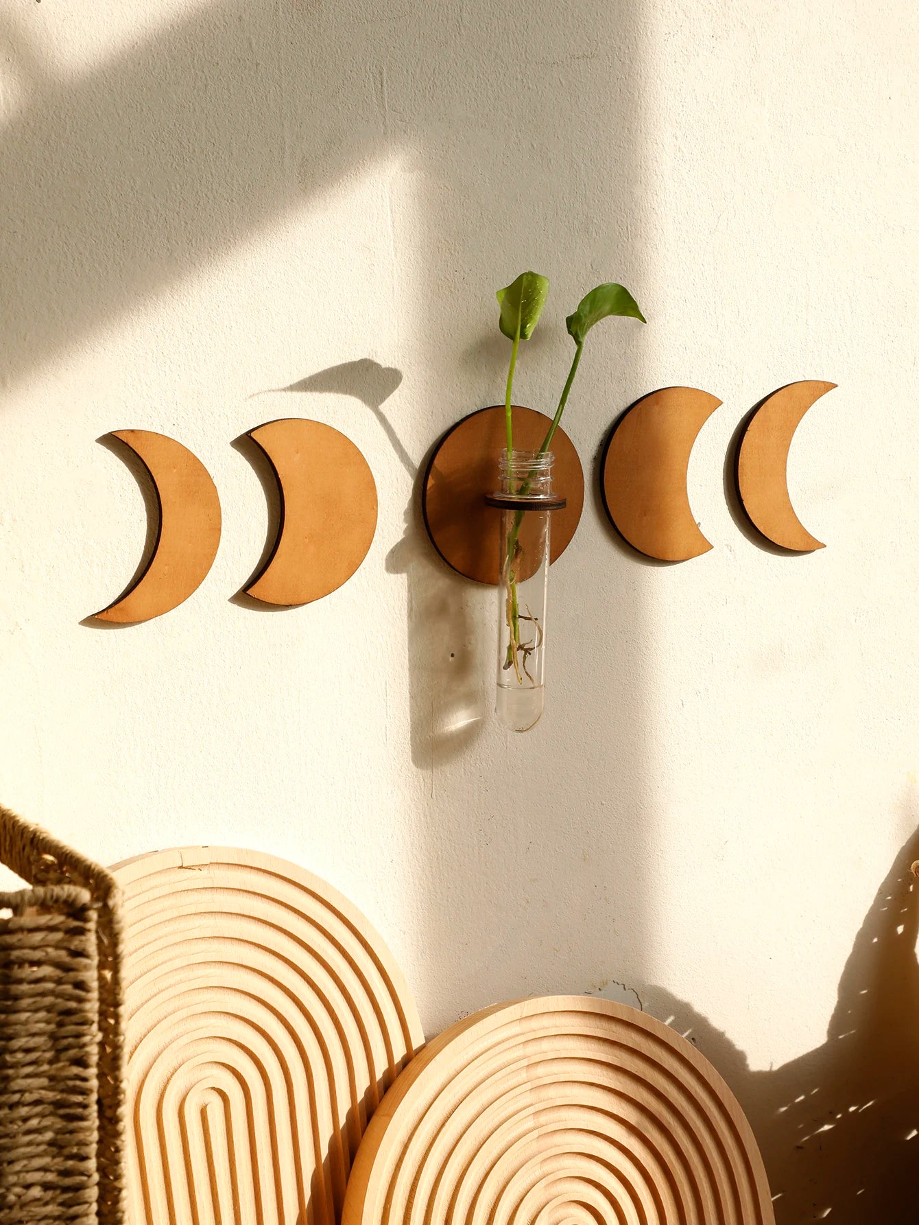 Moon Plant Propagation Station, Moon Phase Wall Hanging Terrarium Planter with Glass Tube, Wall Plant Holder for Propagate Hydroponics Air Plants, Wall Plants, Dried Flower Home Decor