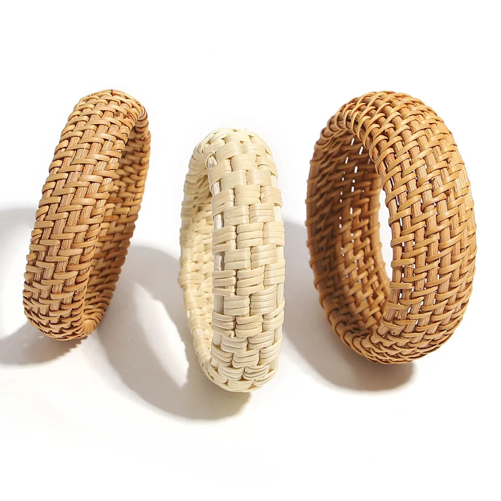 Handwoven Wooden Braided Rattan Knit Cuff Bracelet Natural Bamboo Square Round Geometric Chunky Wrap Bangle for Women Ethnic Tribal Wrist Jewelry